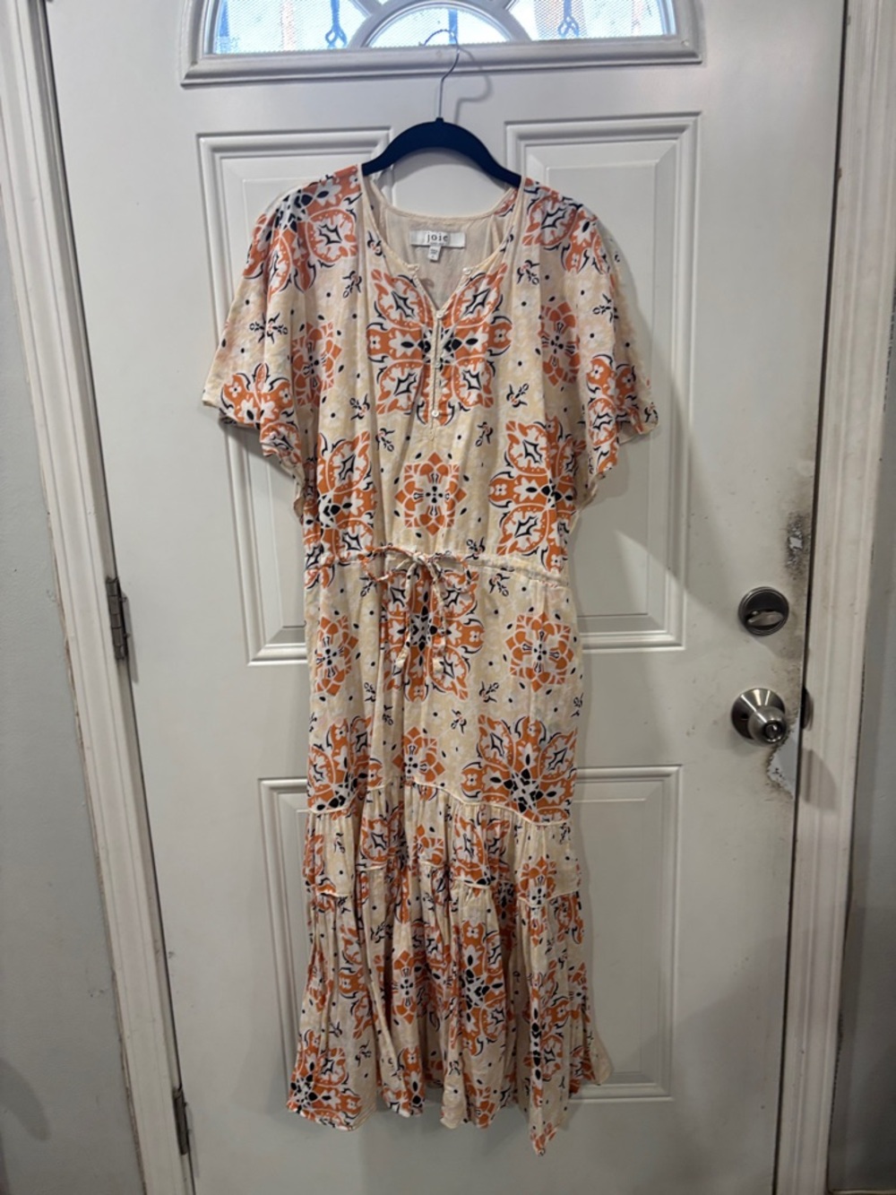 Joie Cream and Orange Floral Tiered Maxi Dress with Drawstring